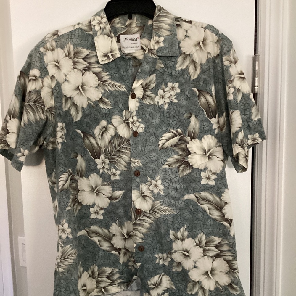 Men Flower Hawaiian Shirt Size L Cotton Made in Hawaii Gray White